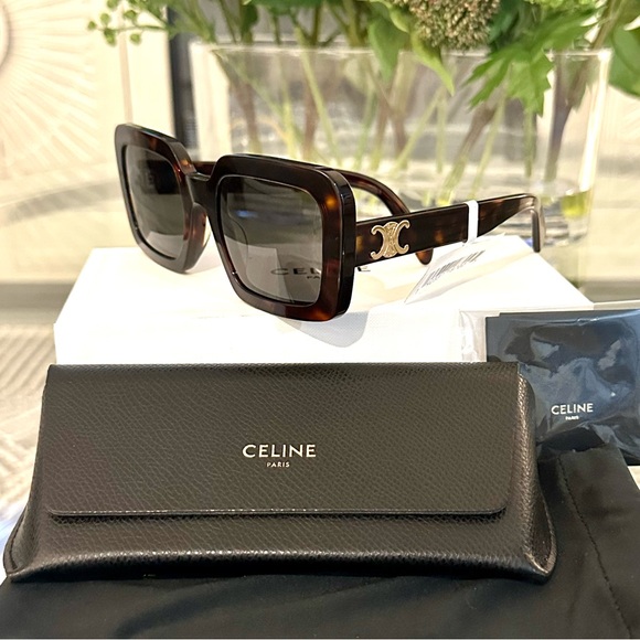 New! CELINE Triomphe 56mm Square Sunglasses - Havana Brown - Picture 4 of 6